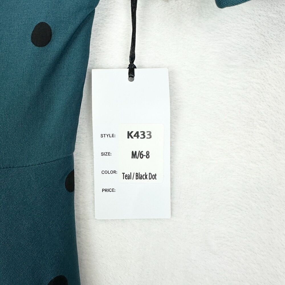 Unique Vintage Delores Swing Dress Size Medium 6/8 NWT Teal Black Dot Rockabilly - Picture 5 of 6